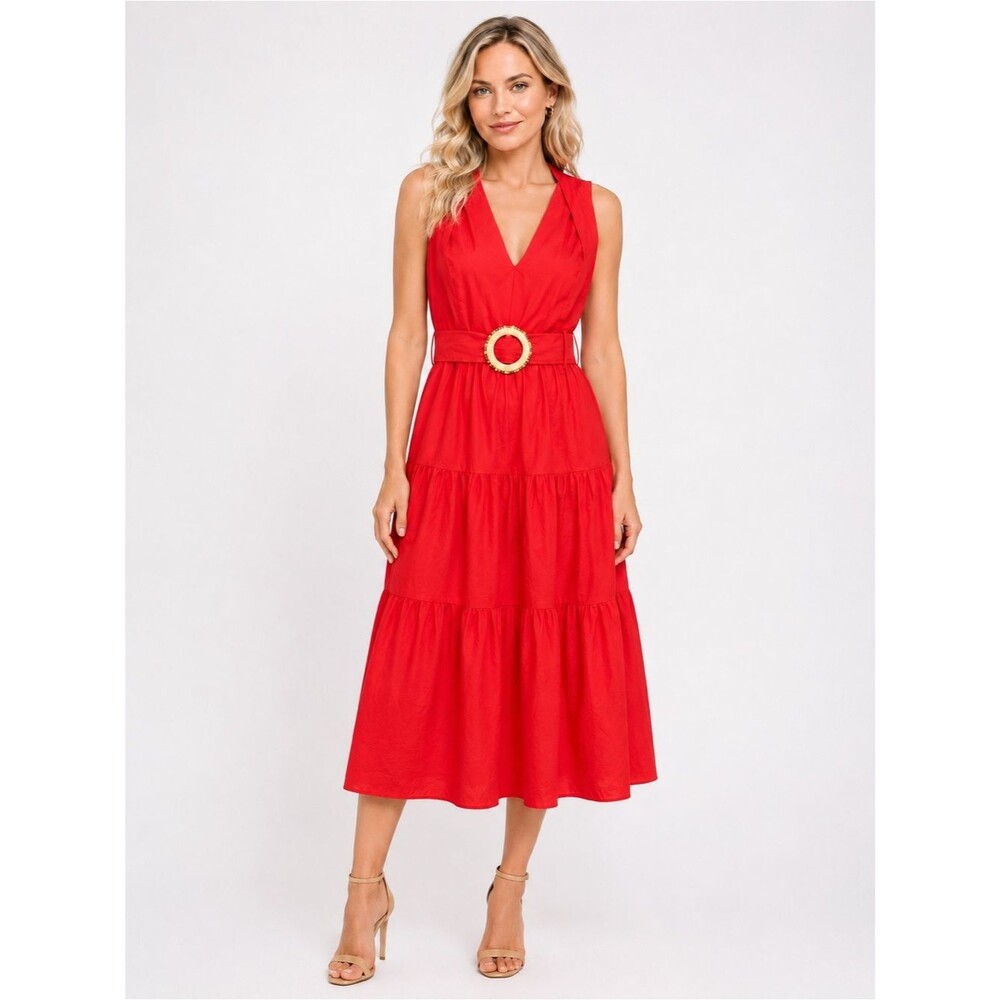 Vince Camuto Pleat Neck Cotton Midi Dress Belted Tiered Poppy Red 4 NEW